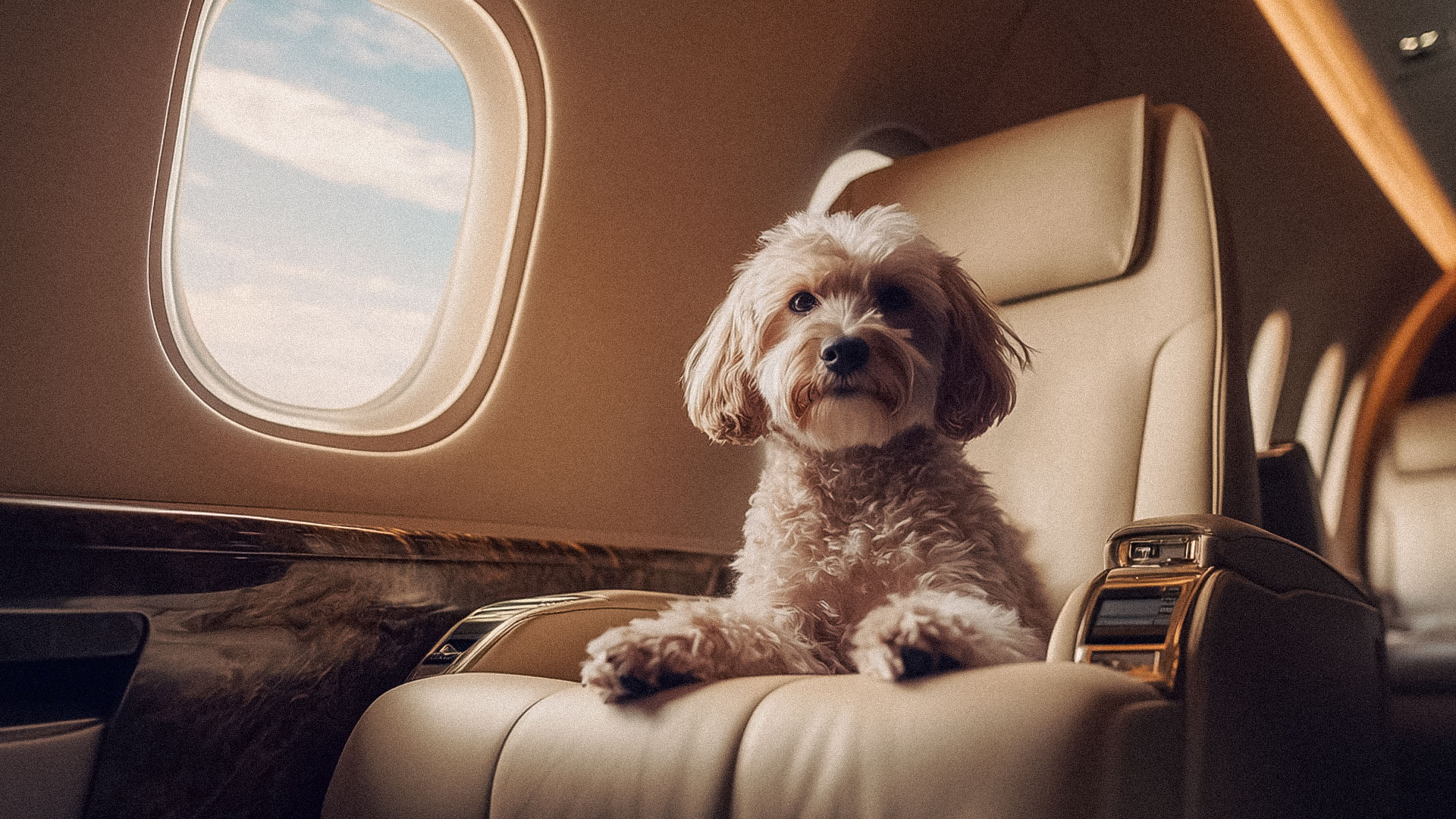 A small fluffy dog sitting on a tan leather seat beside the window inside a private jet cabin